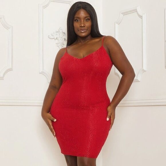 Red Rhinestone body plus size mini dress - Picture 1 of 3